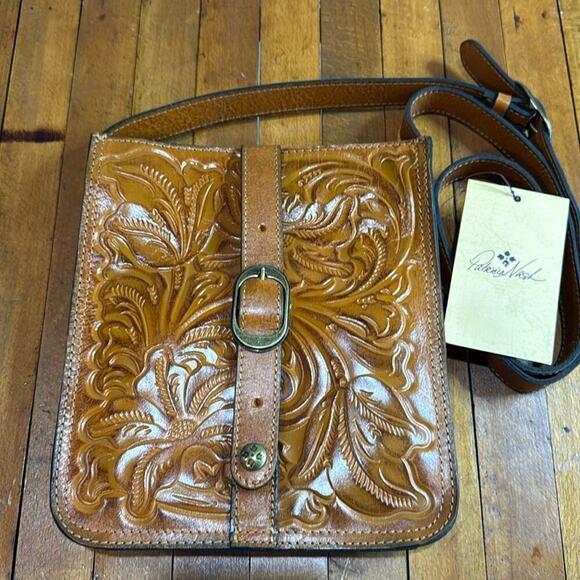 Patricia Nash Brown Leather Burnished Tooled Crossbody Purse Size 8.5x9.5" NWT - Picture 1 of 5